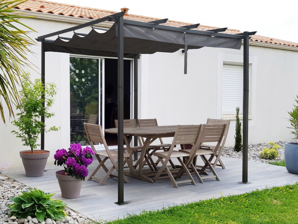 Pergola en aluminium avec toit rétractable - 3 x 3 m - Gris