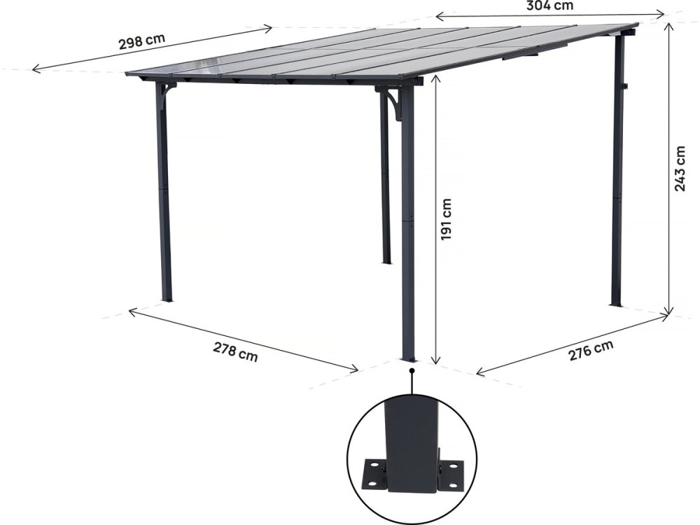 Pergola tonnelle adossée "Marvin" - 3 x 3 m - 304 x 298 x 243 cm - Gris foncé