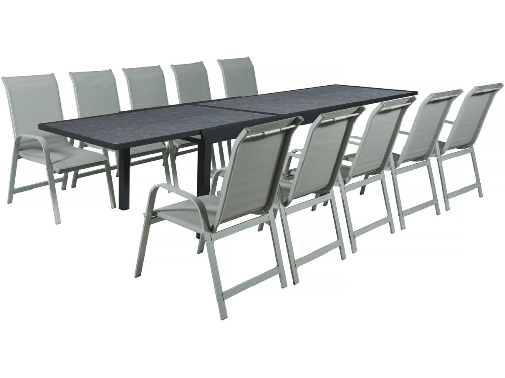 Salon de jardin repas "Lagos" - 200/320 x 105 x 76 cm - 10 chaises - Gris clair