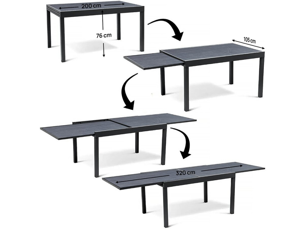 Salon de jardin repas "Lagos" - 200/320 x 105 x 76 cm - 10 chaises - Gris clair