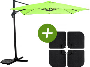 Parasol jardin déporté "Soleil" - Carré - 2.5 x 2.5 m - Vert + Dalles à lester incluses
