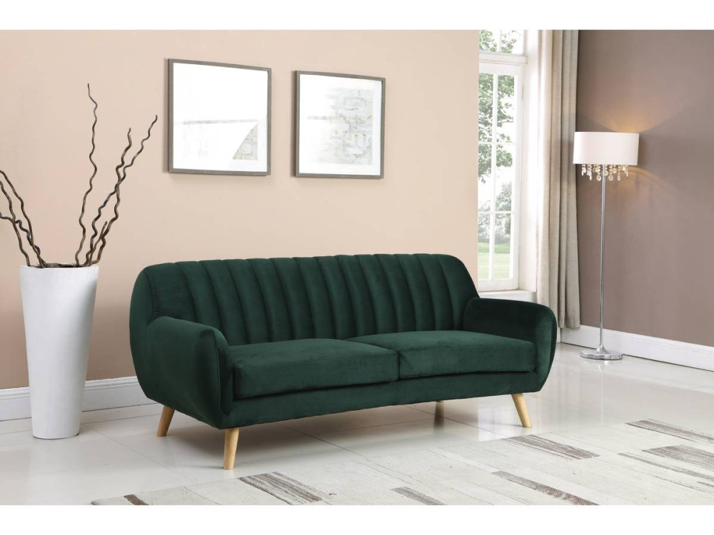 Canapé scandinave fixe en velours "Jarvis" - 3 places - Vert foncé.