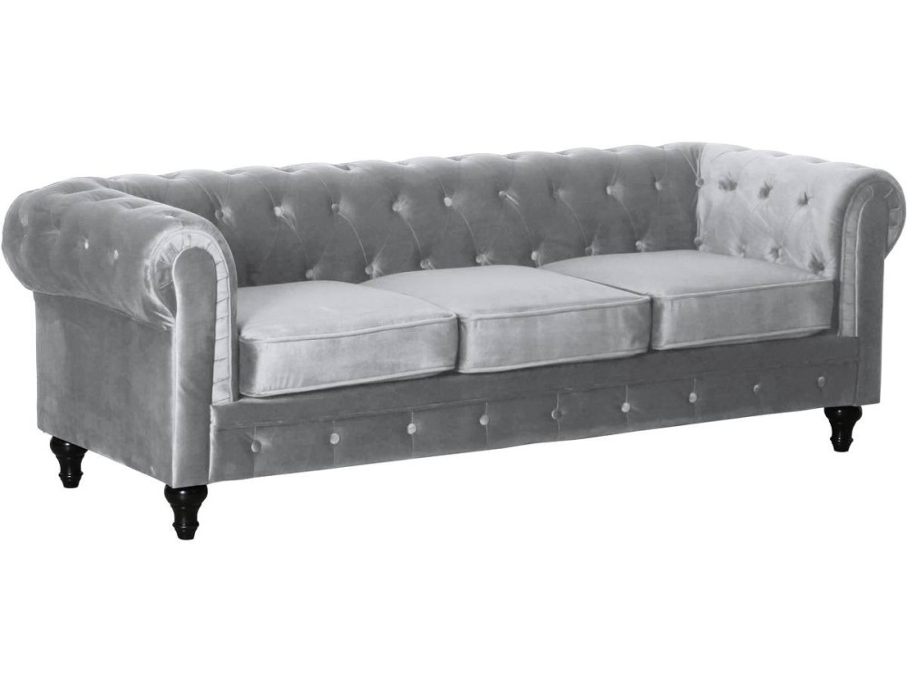Canapé fixe Chesterfield Velours "Aliza" - 208 x 82 x 70 cm - 3 places - Gris