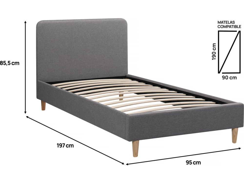 Lit simple en tissu "Louise" 90 x 190 cm - Gris