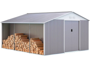 Abri de jardin métal "Dallas" 15,16 m² avec abri bûche - Taupe