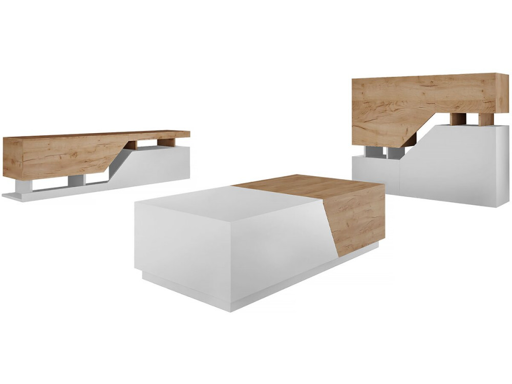 Ensemble de salon "Ceelias" - Buffet haut + table basse + meuble tv - Blanc/Marron