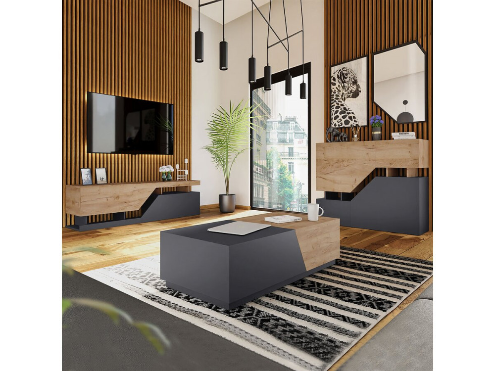 Ensemble de salon "Ceelias" - Buffet haut + table basse + meuble tv - Noir/Marron