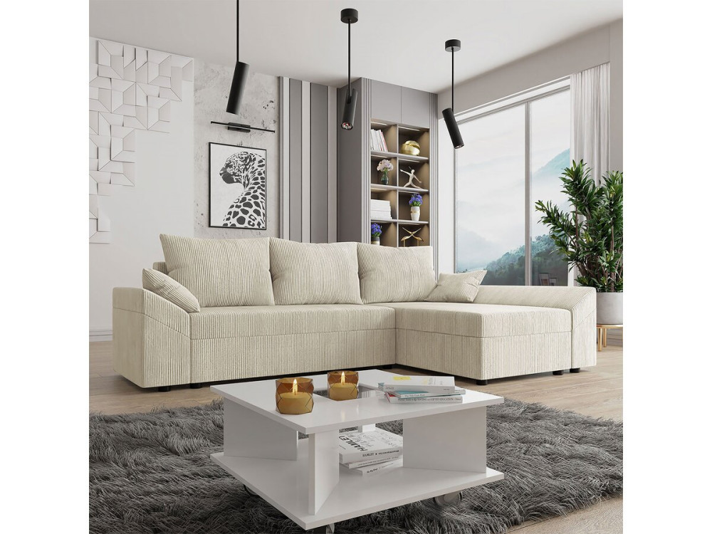 Canapé d'angle convertible avec coffre "Vaugirard 2 " en velours côtelé - 3 places - Beige