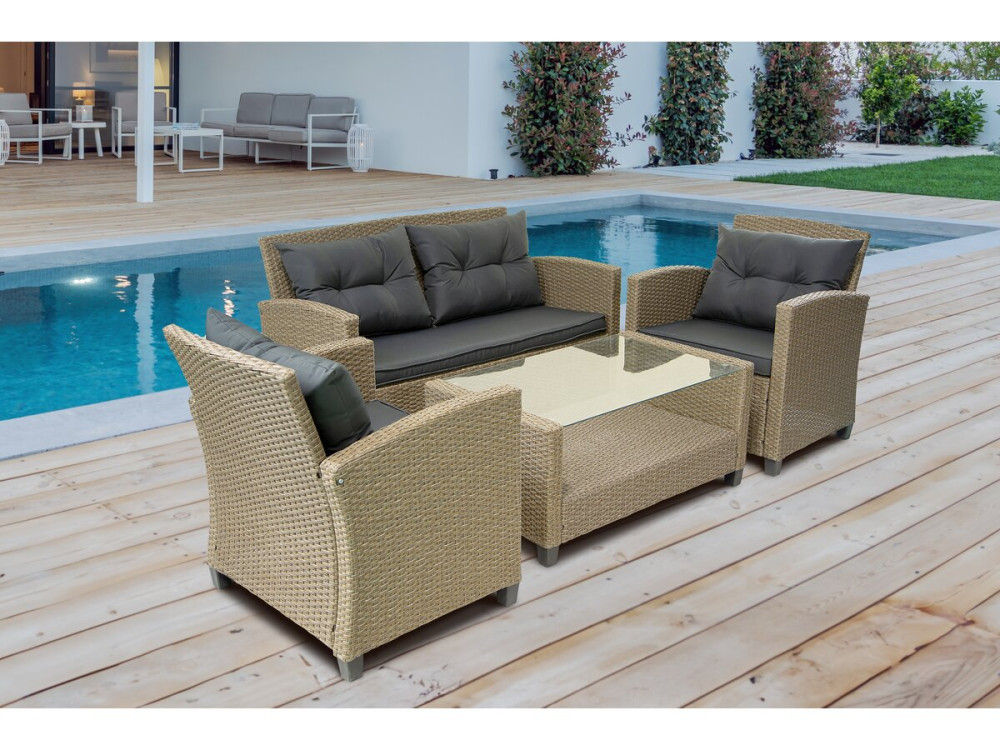 Salon de jardin bas 4 places en résine "Joe" - Beige/Gris