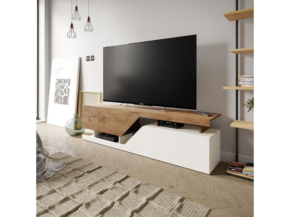 Meuble TV "Ceelias" - 160 x 46 x 35 cm - Blanc/Marron