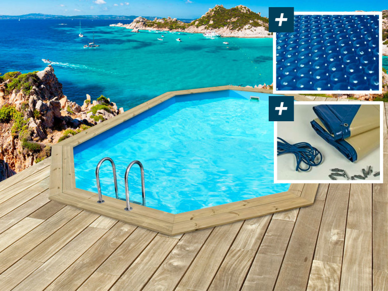Piscine bois " Baléares " - 6.50 x 4.40 x 1.31 m -  Bâche à bulles 180 µ + Bâche hiver 280 g/m²