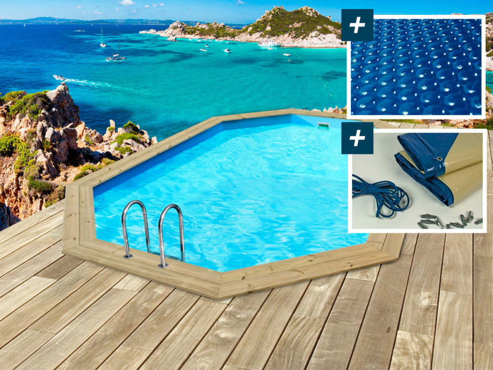 Piscine bois " Baléares " - 6.50 x 4.40 x 1.31 m -  Bâche à bulles 180 µ + Bâche hiver 280 g/m²