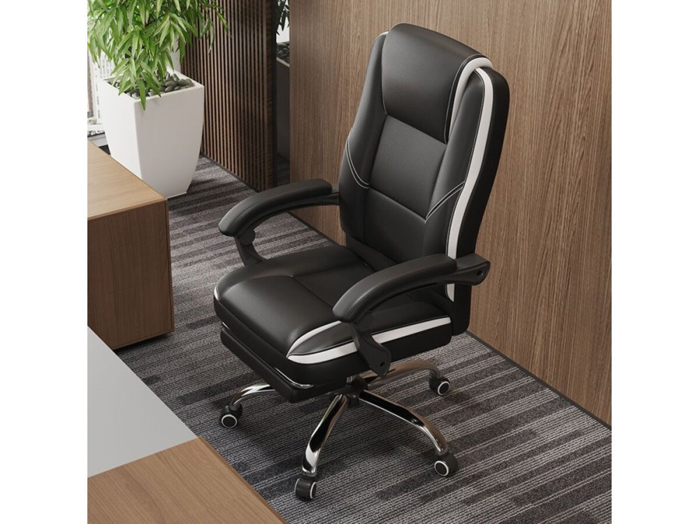 Fauteuil de bureau en simili avec repose pieds "Maissa" - Blanc/Noir