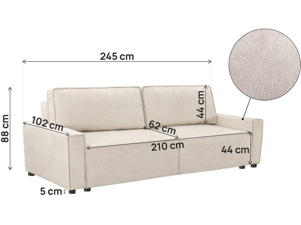 Canapé droit convertible en tissu chenille "Montaigne" - 3 places -  Beige