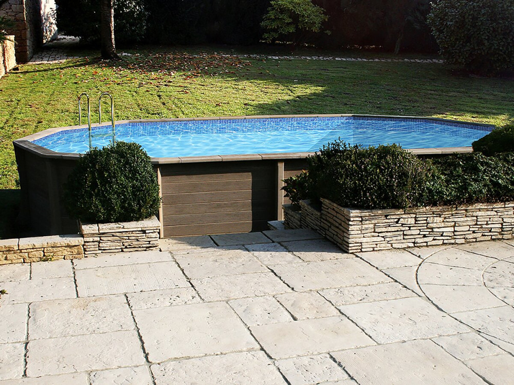Piscine béton aspect bois en kit décagonale allongée " Naturalis 3 " - 7,77 X 4,74 X 1,28 m