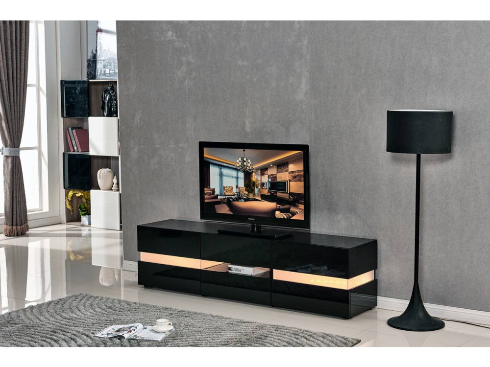 Meuble TV LED "Vida" - 177 x 39 x 45 cm - Noir laqué