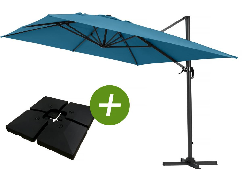 Parasol jardin déporté Alu "Sun 4" - Rectangle - 3 x 4 m - Bleu - Dalles à lester incluses