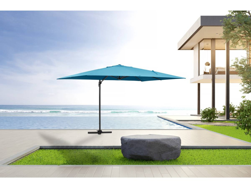 Parasol jardin déporté Alu "Sun 4" - Rectangle - 3 x 4 m - Bleu - Dalles à lester incluses