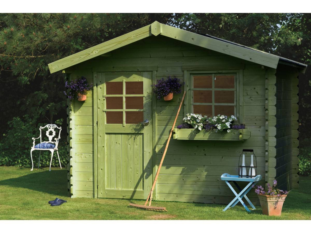 Abri jardin bois "Sologne" - Modèle imprégné (vert) - 8.88 m² - 2.98 x 2.98 x 2.39 m - 28 mm