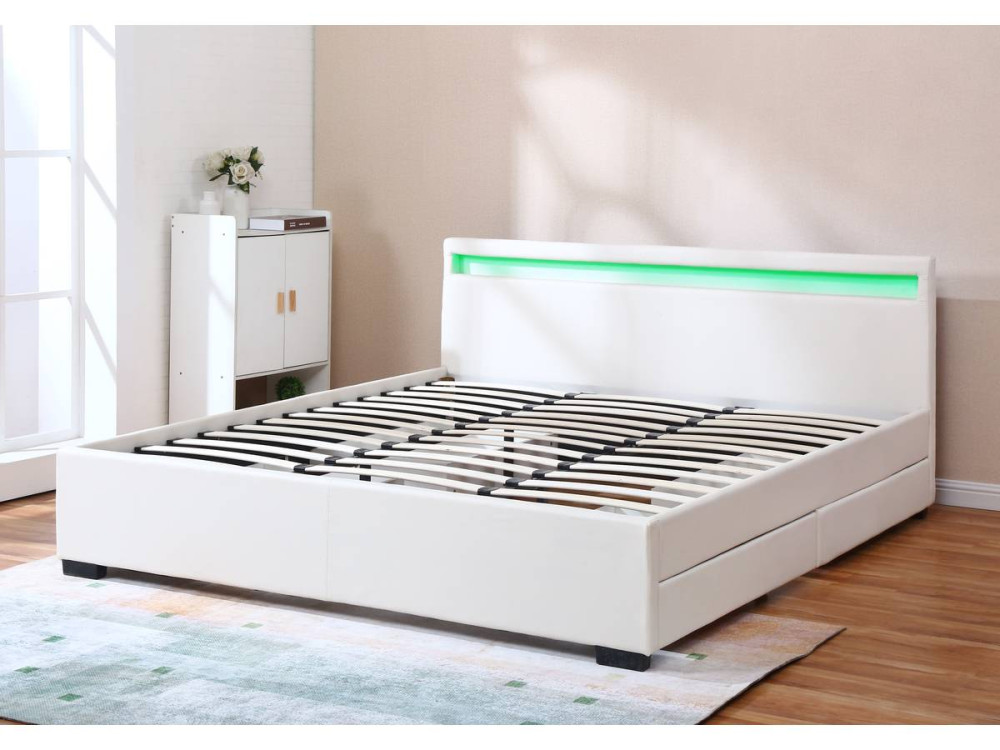 LIT LED double avec 4 tiroirs "Nico" - 180 x 200 cm - Blanc