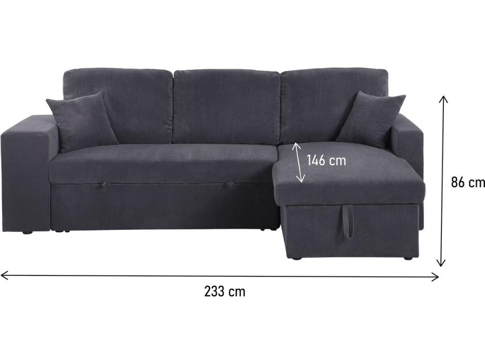 Canapé d'angle en velours côtelé convertible/réversible "Axel" - 3 places - Gris