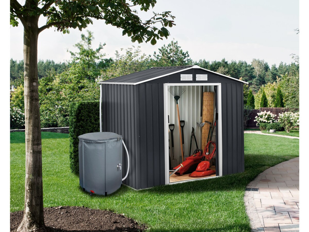 Abri de jardin métal - "Vegas" - 5.29 m² avec gouttière et récupérateur d'eau - Gris