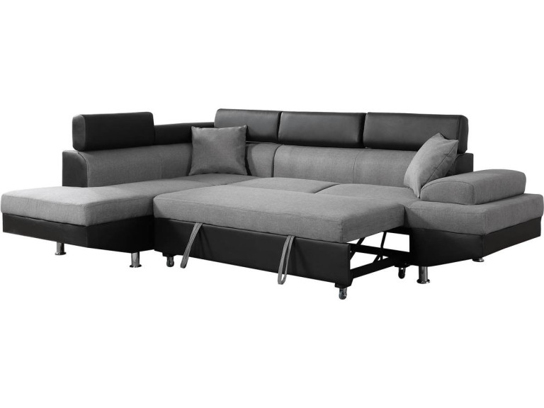 Canapé d'angle convertible "Sophia luxe" - 265 x 190.5 x 80/91 cm - Noir / Gris - 5 places - Angle gauche