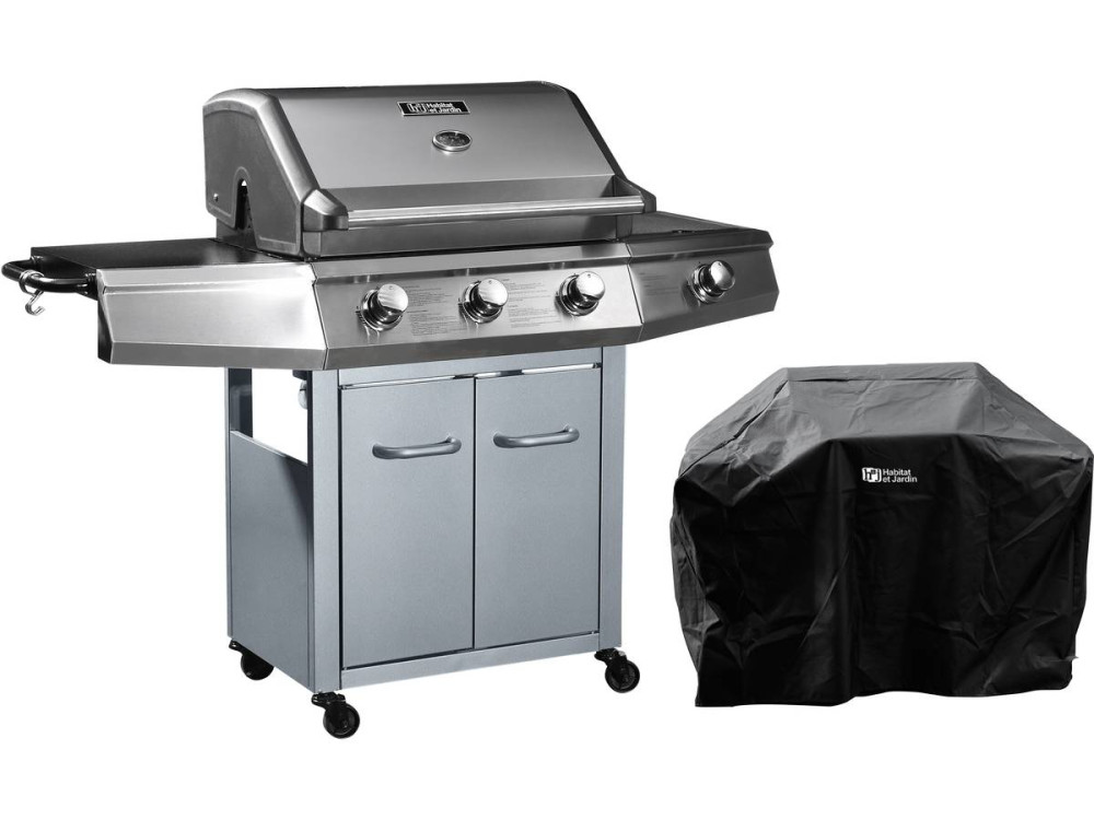 Barbecue Gaz avec LED "Bingo 4" - 4 brûleurs dont 1 latéral - 14kW + Housse protection - Argenté