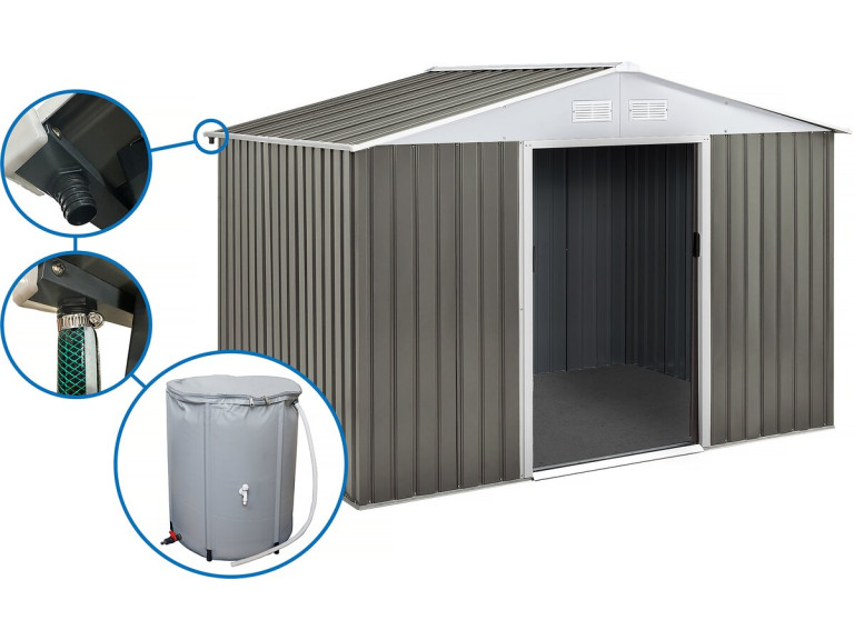 Abri jardin métal "Dallas"- 8.84m² avec gouttière et récupérateur d'eau - Taupe