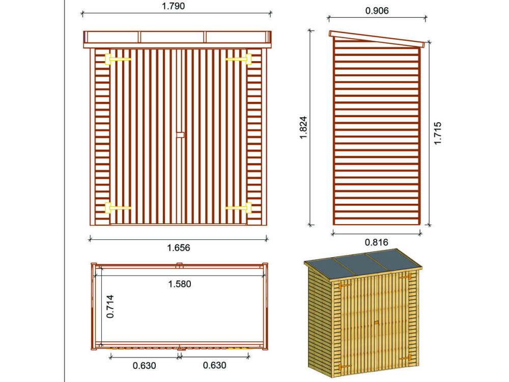 ABRI JARDIN BOIS ADOSSABLE LIPKI - 1.79 X 0.90 X 1.78/1.87 m