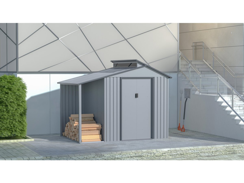 Abri de jardin métal avec pergola "Madras" - 5.64 m² - 193 x 292 x 229 cm - Gris