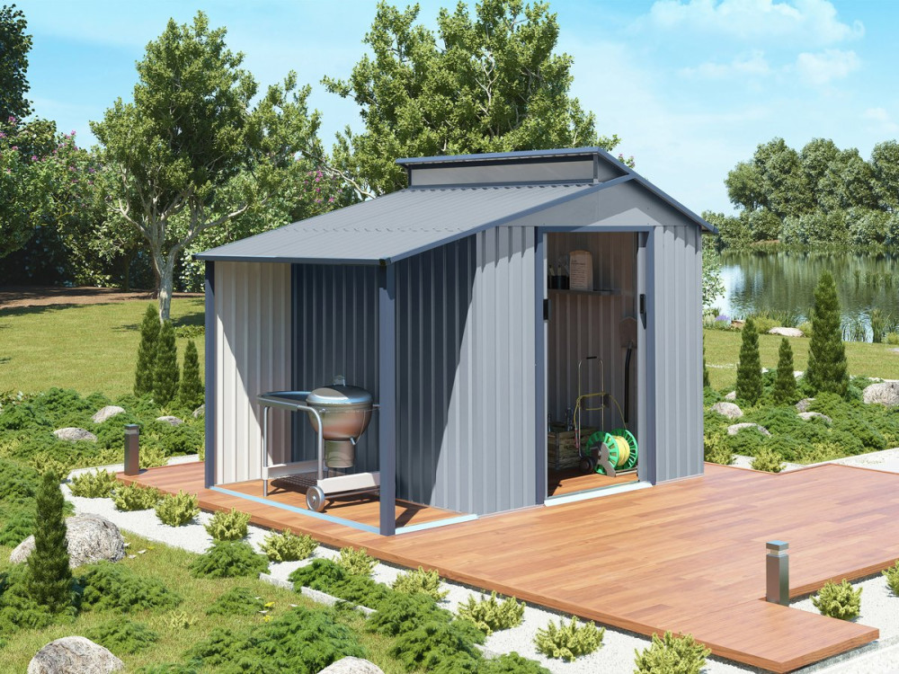 Abri de jardin métal avec pergola "Madras" - 5.64 m² - 193 x 292 x 229 cm - Gris