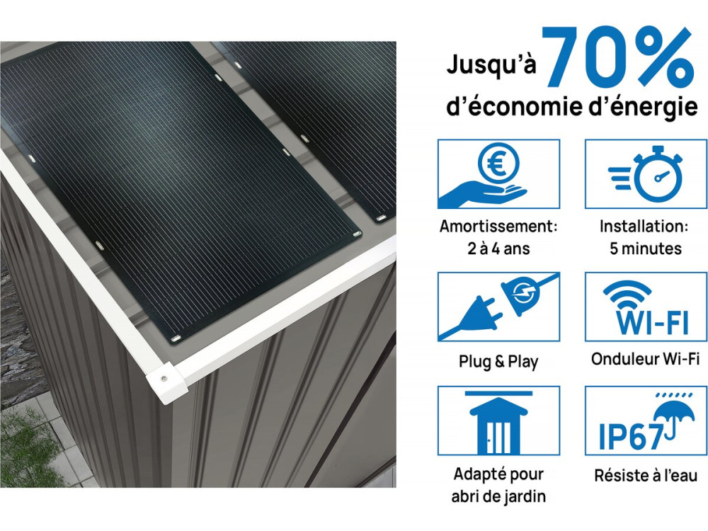 Abri jardin métal "Dallas" - 12,99 m² avec panneaux solaires - Taupe