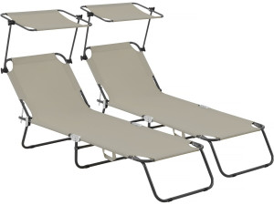Lot de 2 bains de soleil pliable "Lazy" - Avec pare soleil - Taupe