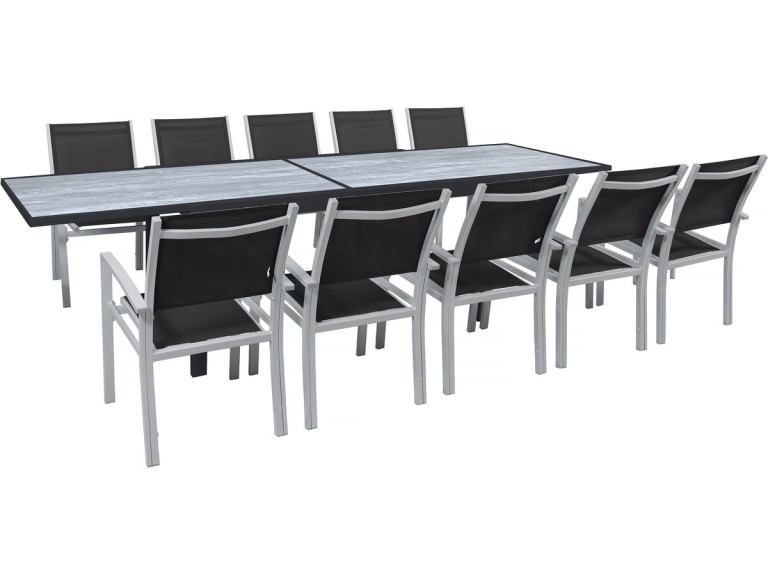 Salon de jardin repas extensible "Lagos" - Table extensible 200/320 x 105 x 76 cm - 10 chaises - Noir