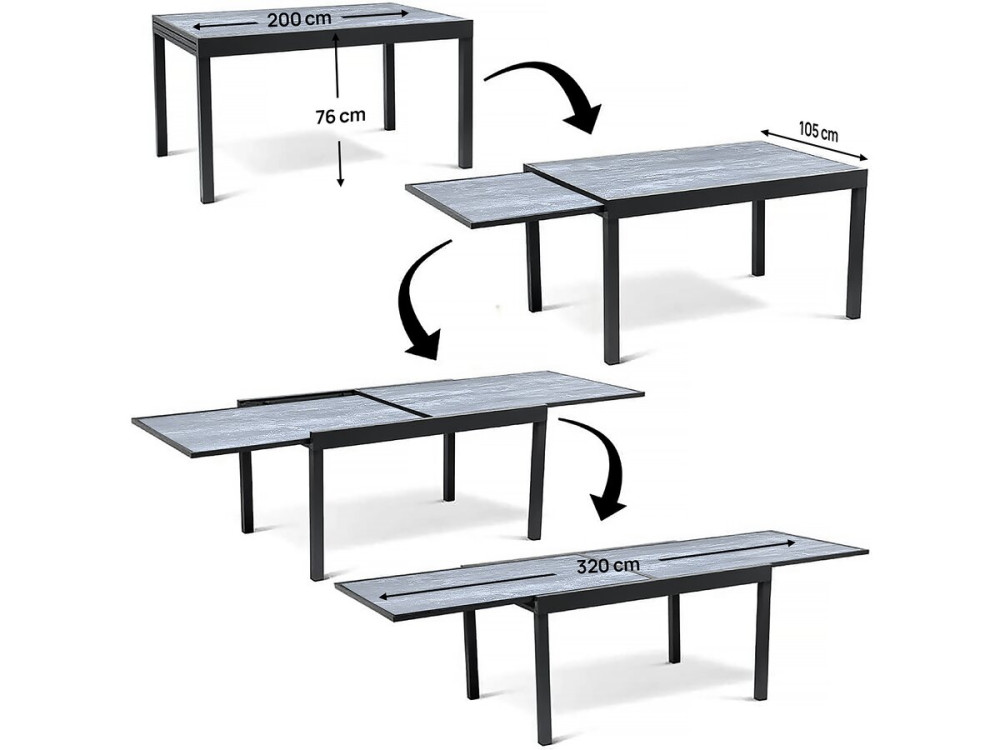 Salon de jardin repas extensible "Lagos" - Table extensible 200/320 x 105 x 76 cm - 10 chaises - Noir