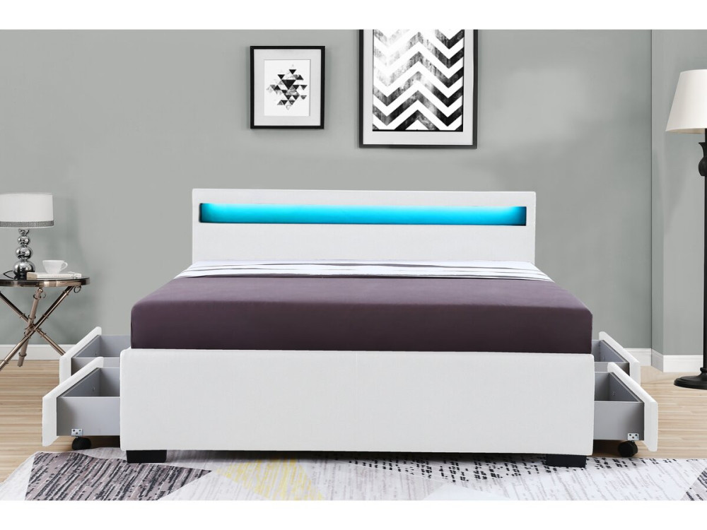 Lit LED avec 4 tiroirs "Nico"- 140 × 190 cm - Blanc