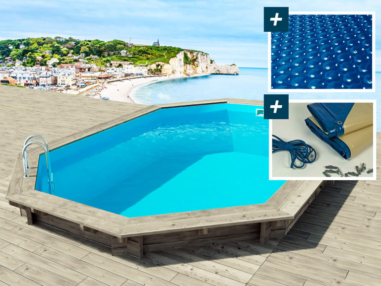 Piscine bois " Brazilia "  5.86 x 3.86 x 1.20 m - Bâche à bulles  180 µ - Bâche hiver  280 g/m²