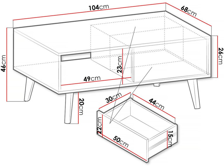 Table Basse Rectangle En Chêne Et Motif Noir – 2 Tiroirs Et 2 Niches, Neuve