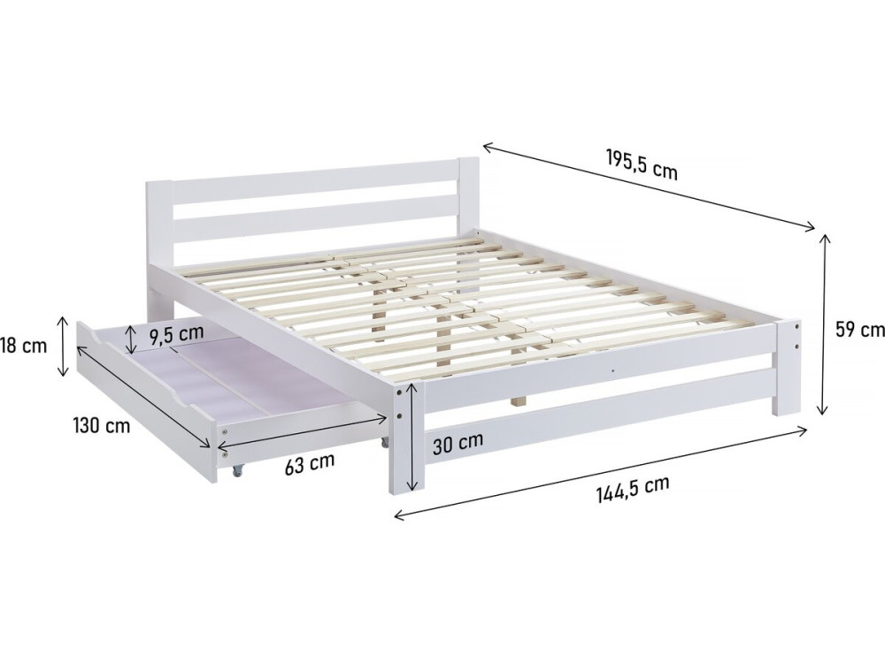 Lit double avec tiroir en bois "Lola" - 140 x 190 cm - Blanc