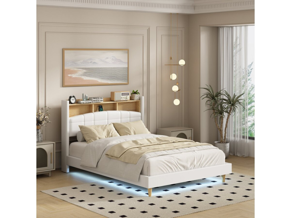 Lit double led avec rangement tête de lit "Sarah" - 140 x 190 cm - Blanc