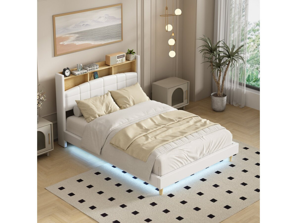 Lit double led avec rangement tête de lit "Sarah" - 140 x 190 cm - Blanc