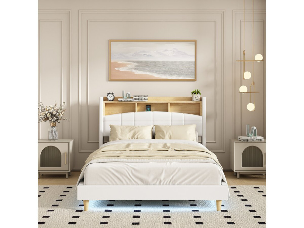 Lit double led avec rangement tête de lit "Sarah" - 140 x 190 cm - Blanc