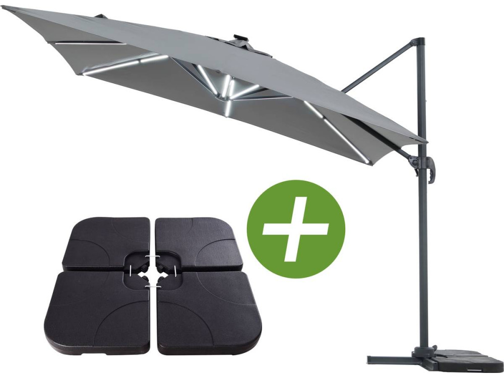 Parasol jardin déporté LED Alu "Sun 4 Luxe" - Rectangle - 3 x 4 m - Gris - Dalles à lester incluses