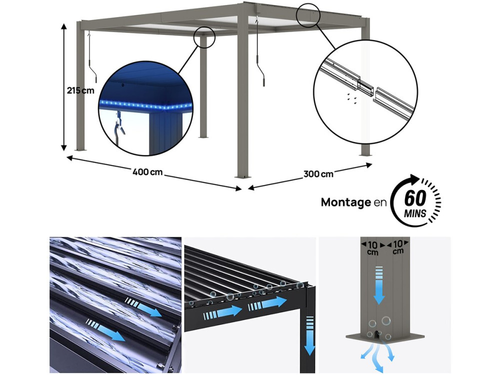 Pergola bioclimatique avec led "Windsor premium" en aluminium 3 x 4 - Taupe