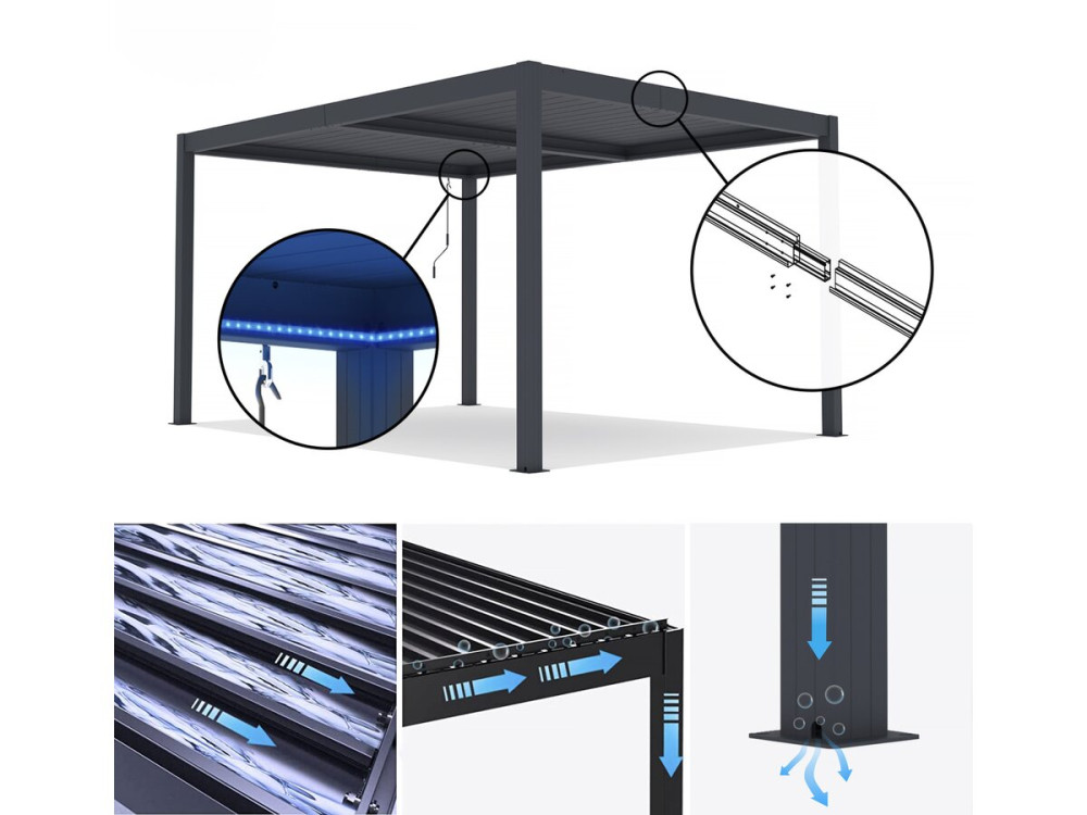 Pergola bioclimatique avec led "Windsor premium" en aluminium 3 x 4 - Gris