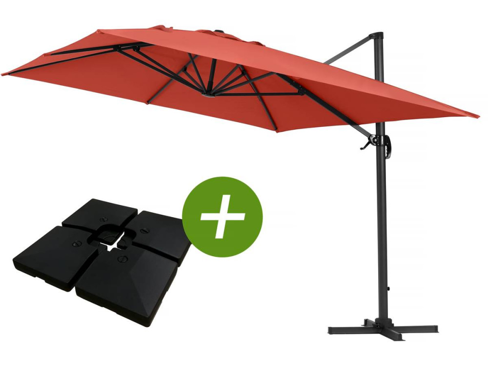 Parasol jardin déporté Alu "Sun 4 " - Rectangle - 3 x 4 m - Rouge - Dalles à lester incluses