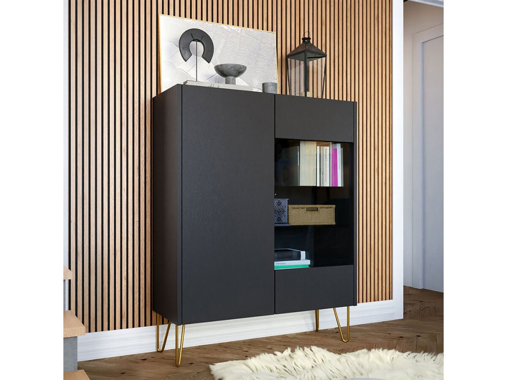 Vitrine "Karine" - 97 x 37 x 122 cm - Noir/Effet marbre