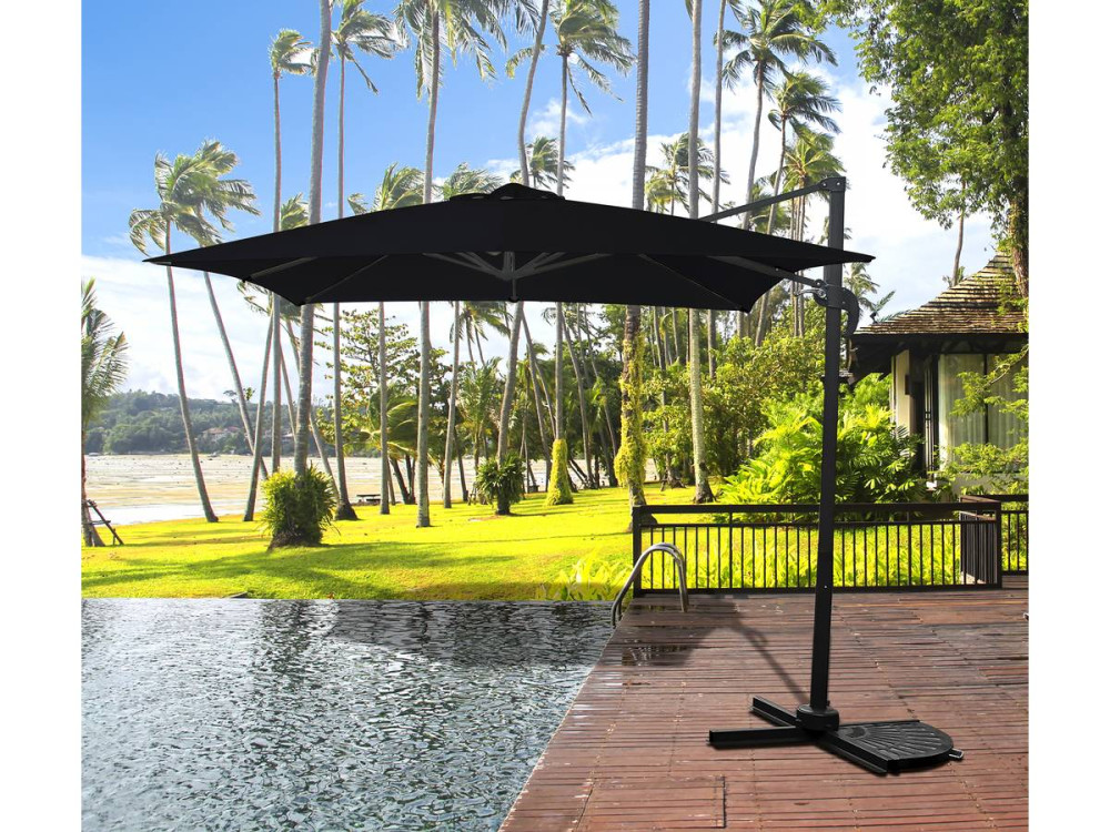 Parasol jardin déporté "Soleil" - Carré - 2.5 x 2.5 m - Noir + Dalles à lester incluses