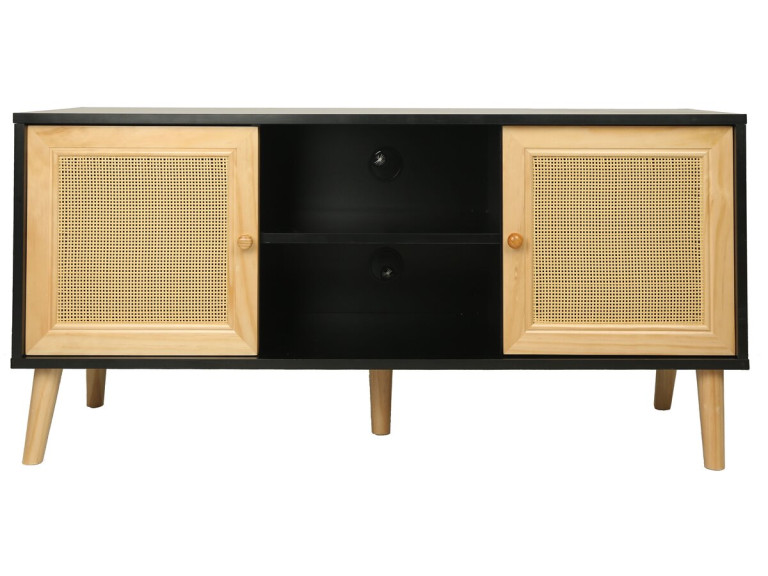 Meuble TV scandinave en cannage "Iguane" - 120 x 30 x 56.5 cm - Noir